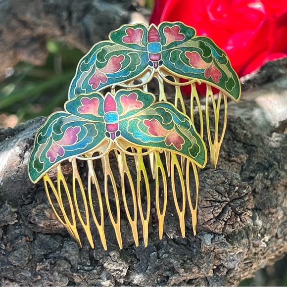 Vintage Cloisonné Butterfly Green Hair Comb Set - Picture 3 of 9